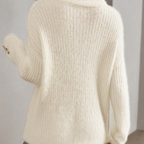 White Preppy Womens Turtleneck Drop Shoulder Sweater - Picture 2 of 5